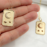 Load image into Gallery viewer, 14K Solid Gold Rectangular Charm with Moon and Stars in Diamond and Gemstones. GDP526