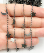 Load image into Gallery viewer, Black Rhodium 925 Sterling Silver Chain with Star & Moon Dangles