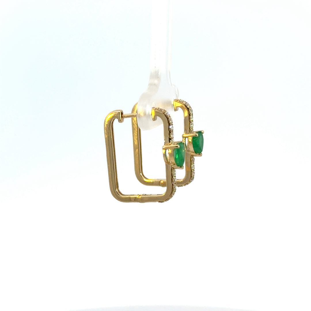 14k Solid Gold Diamond and Emerald Heart Rectangle Hoops. CE96338EM5