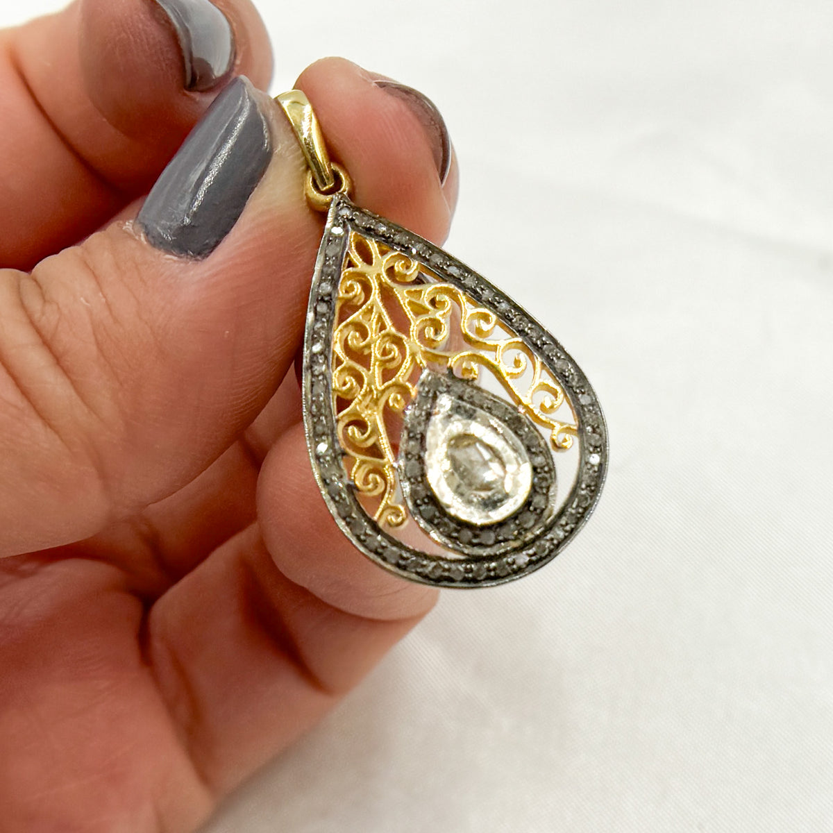 DP188. Diamond Sterling Silver Drop Shape Pendant with Polki Diamond