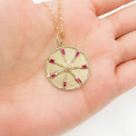Load image into Gallery viewer, 14K Solid Gold Diamonds Circle Charm with Lines and Gemstones. GDP567