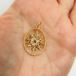 Load image into Gallery viewer, 14K Solid Gold Oval Shape Charm with Sun in the Center and Diamonds. GDP202