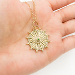 Load image into Gallery viewer, GDP655. 14K Solid Gold Diamond and Gemstone Circle Charm with Arrows and Evil Eye in the Center