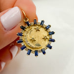 Load image into Gallery viewer, 14K Solid Gold Diamond and Gemstone Round Charm with Moon and Stars in the Center. GDP600