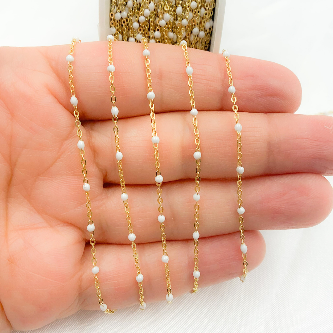 14K Solid Yellow Gold Enamel White Color Cable Chain. 30KFBWF14Y