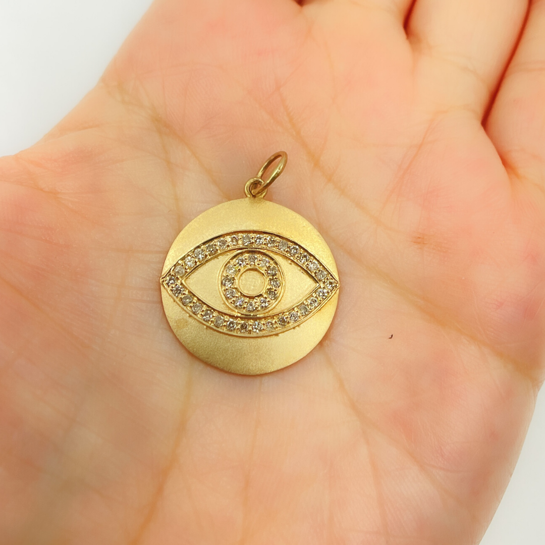 14K Solid Gold Diamonds Circle Shape Evil Eye Charm. GDP66