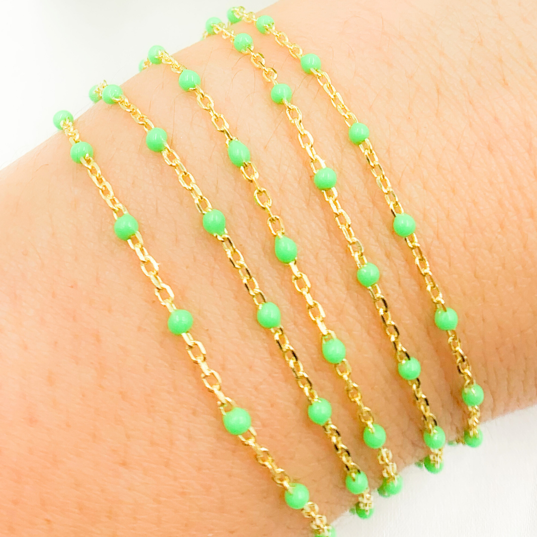 925 Sterling Silver Gold Plated Enamel Green Color Cable Chain. V203GRGP
