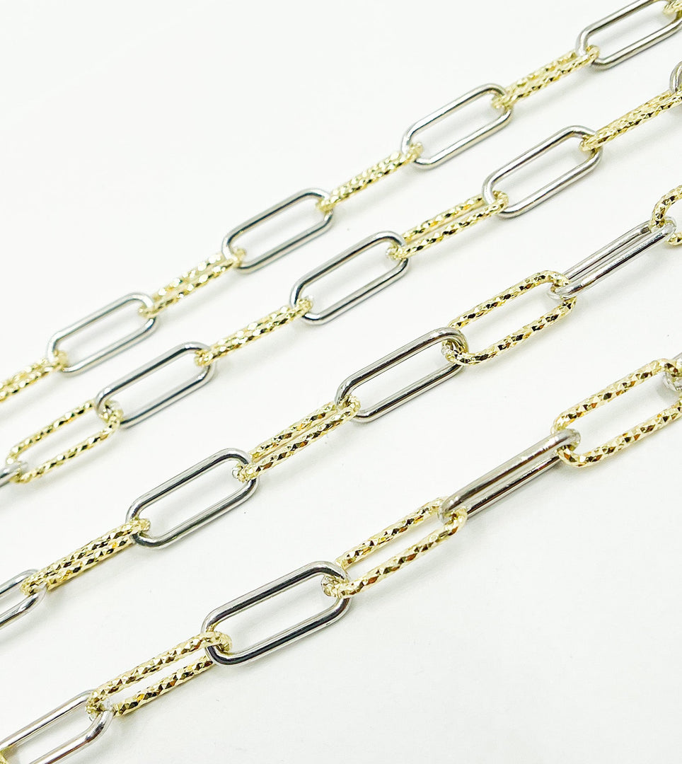 925 Sterling Silver Smooth & Gold Plated Diamond Cut Paperclip Link Chain. V31GS