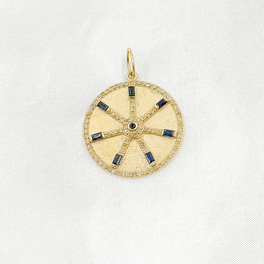 14K Solid Gold Diamonds Circle Charm with Lines and Gemstones. GDP567