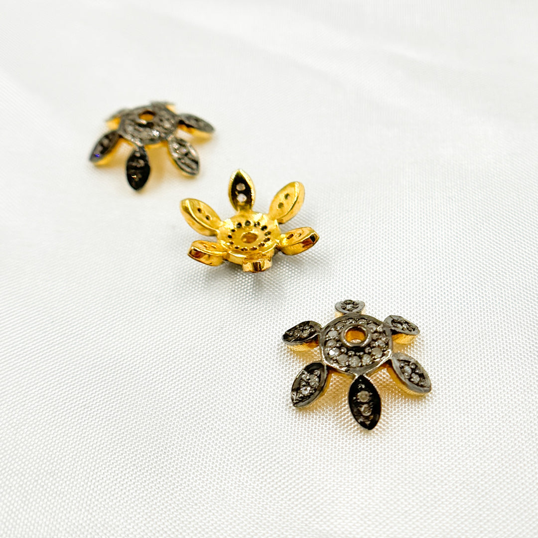 Pave Diamond & 925 Sterling Silver Two Tone and Gold Plated Flower Cap Bead. DC759