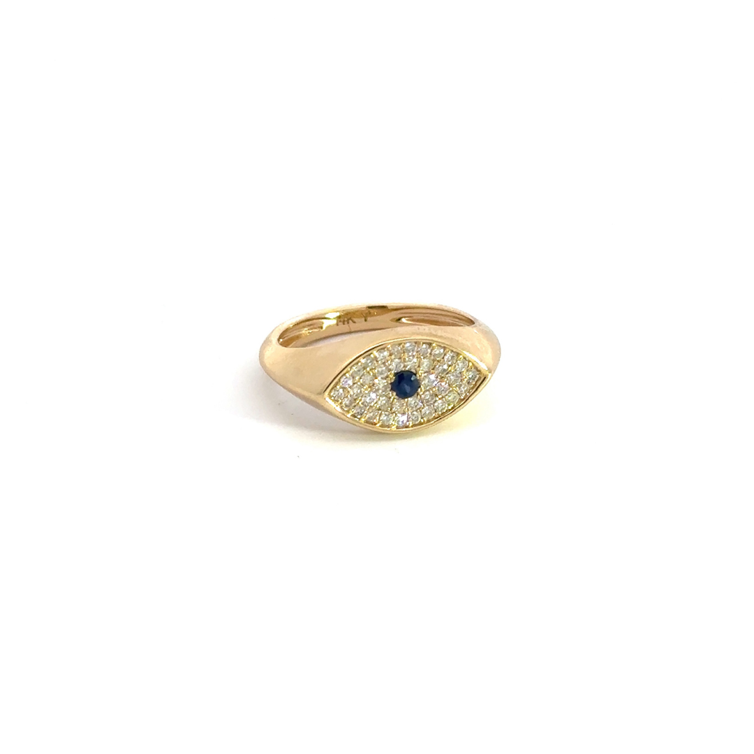 14k Solid Yellow Gold Diamond and Sapphire Evil Eye Ring.
