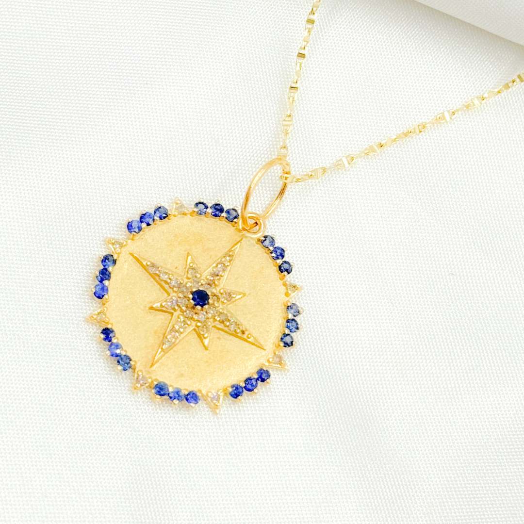 GDP558. 14K Solid Gold Diamond Circle Shape Charm with Star in the Center in Gemstones