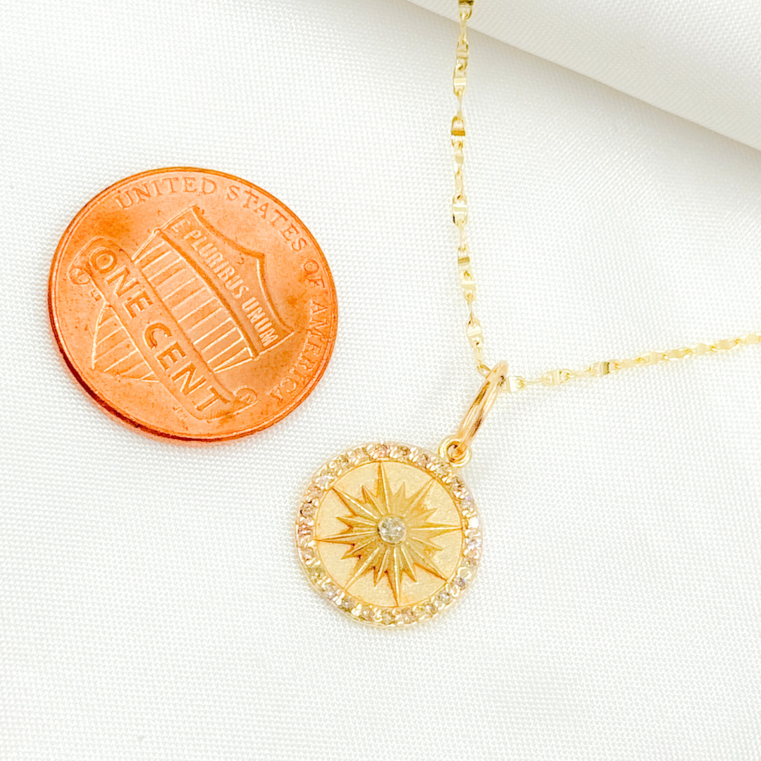 GDP530. 14K Solid Gold Circle Charm with Diamonds and Star in the Center