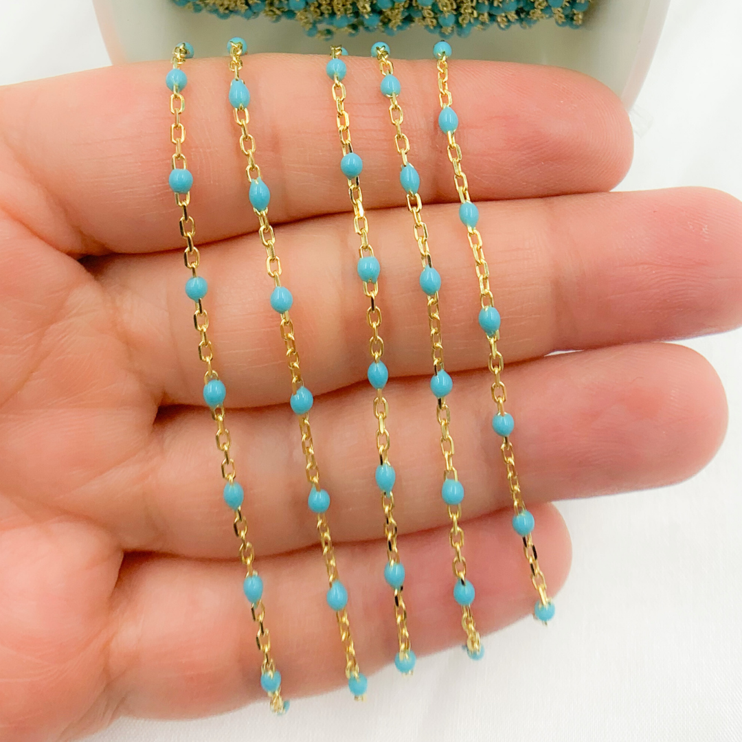 925 Sterling Silver Gold Plated Enamel Turquoise Color Cable Chain. V203TURGP