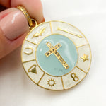 Load image into Gallery viewer, A collection of round cross enamel pendants with silver, gold, and black rhodium plating