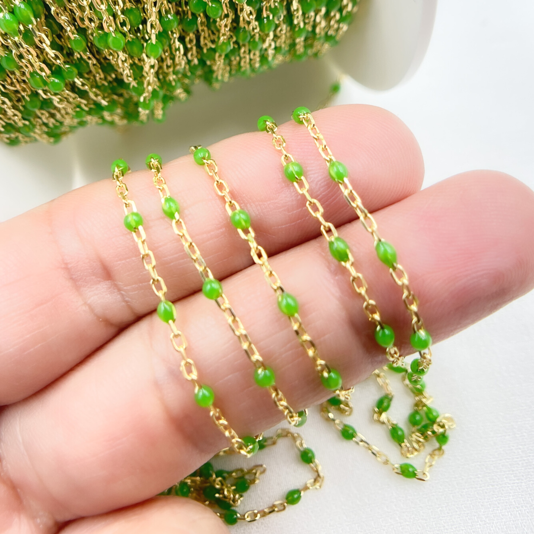 925 Sterling Silver Gold Plated Enamel Lemon Green Color Cable Chain. V203LMGP