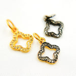 Load image into Gallery viewer, A set of three diamond sterling silver flower charms, one with black rhodium plating, one gold plated, and one rose gold plated, displayed against a white background.