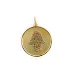 Load image into Gallery viewer, GDP32. 14K Solid Gold with Diamonds Circle Shape Charm with Hamsa Hand in the Center
