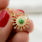 Load image into Gallery viewer, 14k Solid Gold Diamond and Emerald Sun Charm. GDP647