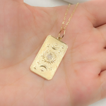 Load image into Gallery viewer, 14K Solid Gold Diamond Rectangular Charm with Sun, Moons and Stars. GDP132