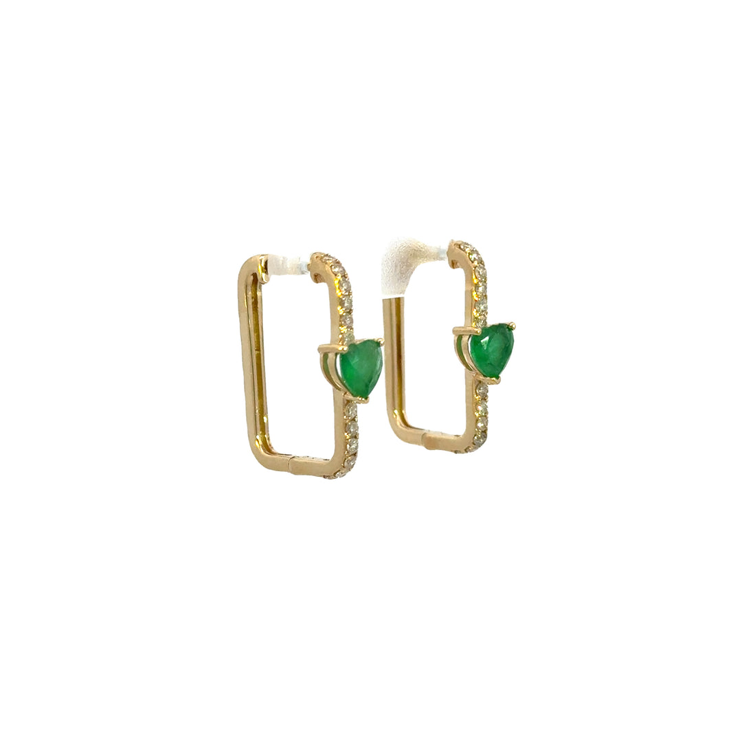 14k Solid Gold Diamond and Emerald Heart Rectangle Hoops. CE96338EM5