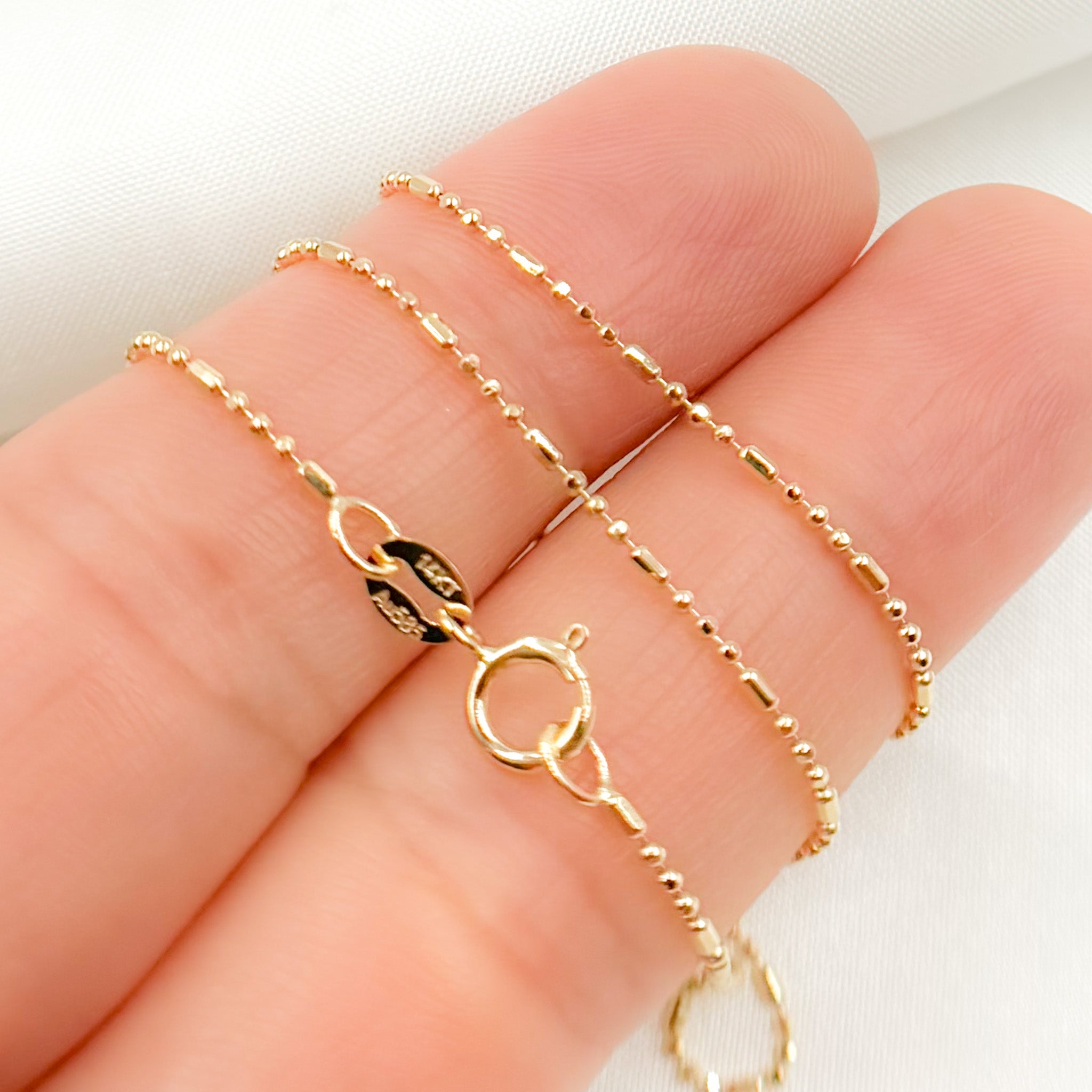 14K Solid Gold Smooth Bar and Ball Chain