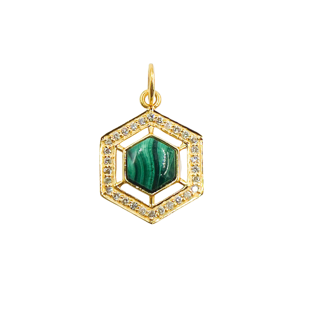14K Solid Gold Hexagon Shape Charm with Diamonds and Malachite or Emerald. GDP316