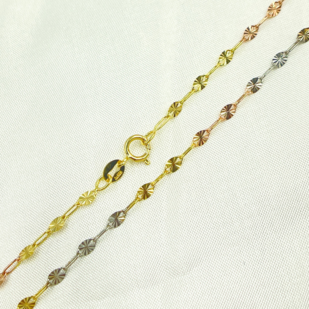 14K Solid Tri-Color Diamond Cut Marina Link and Smooth Oval Link Chain