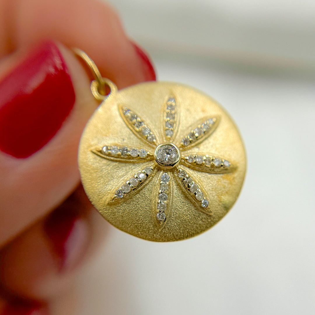 14k Solid Gold Diamond Circle and Flower Charm. GDP249