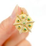 Load image into Gallery viewer, 14K Solid Gold Diamonds and Gemstones Circle Charm with Flowers between Arrows. GDP619