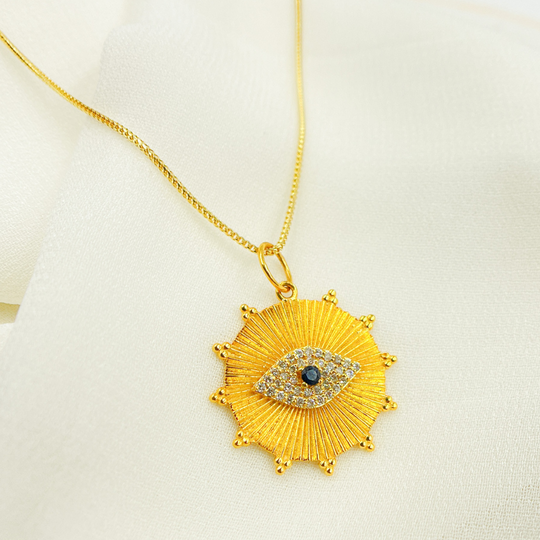 GDP300. 14K Solid Gold Diamond and Blue Sapphire Circle Evil Eye