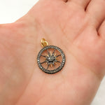 Load image into Gallery viewer, sterling silver round sun pendant with black rhodium and rose gold plating, encrusted with small diamonds.