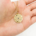Load image into Gallery viewer, 14K Solid Gold Diamonds and Gemstone Circle Charm with Symbols and Evil Eye. GDP554