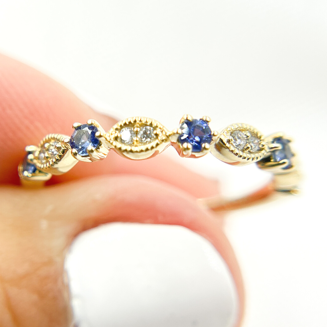 14K Solid Gold Diamond & Blue Sapphire Ring