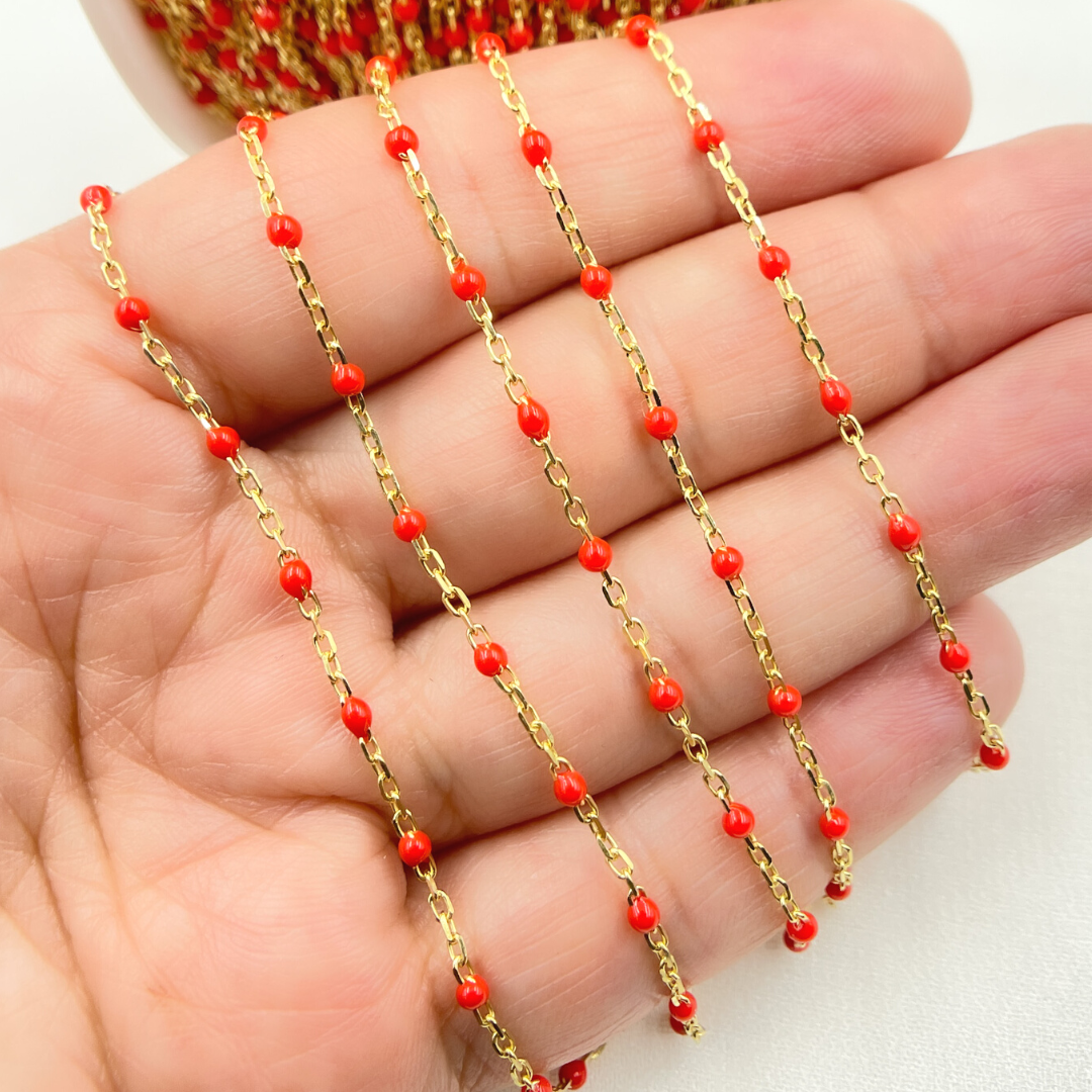 Gold Plated 925 Sterling Silver Enamel Red Color Cable Chain. V203RDGP