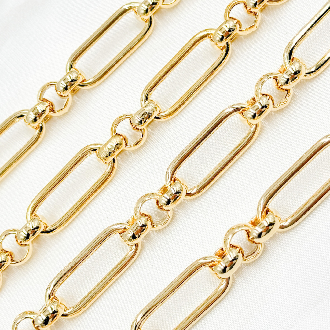 Gold Plated 925 Sterling Silver Hollow Paperclip and Rolo Link Chain. 604GP