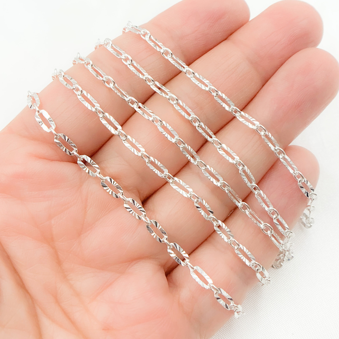 Sterling Silver Oval Diamond Cut Link Chain