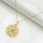 Load image into Gallery viewer, 14K Solid Gold Diamonds and Gemstone Circle Charm with Symbols and Evil Eye. GDP554