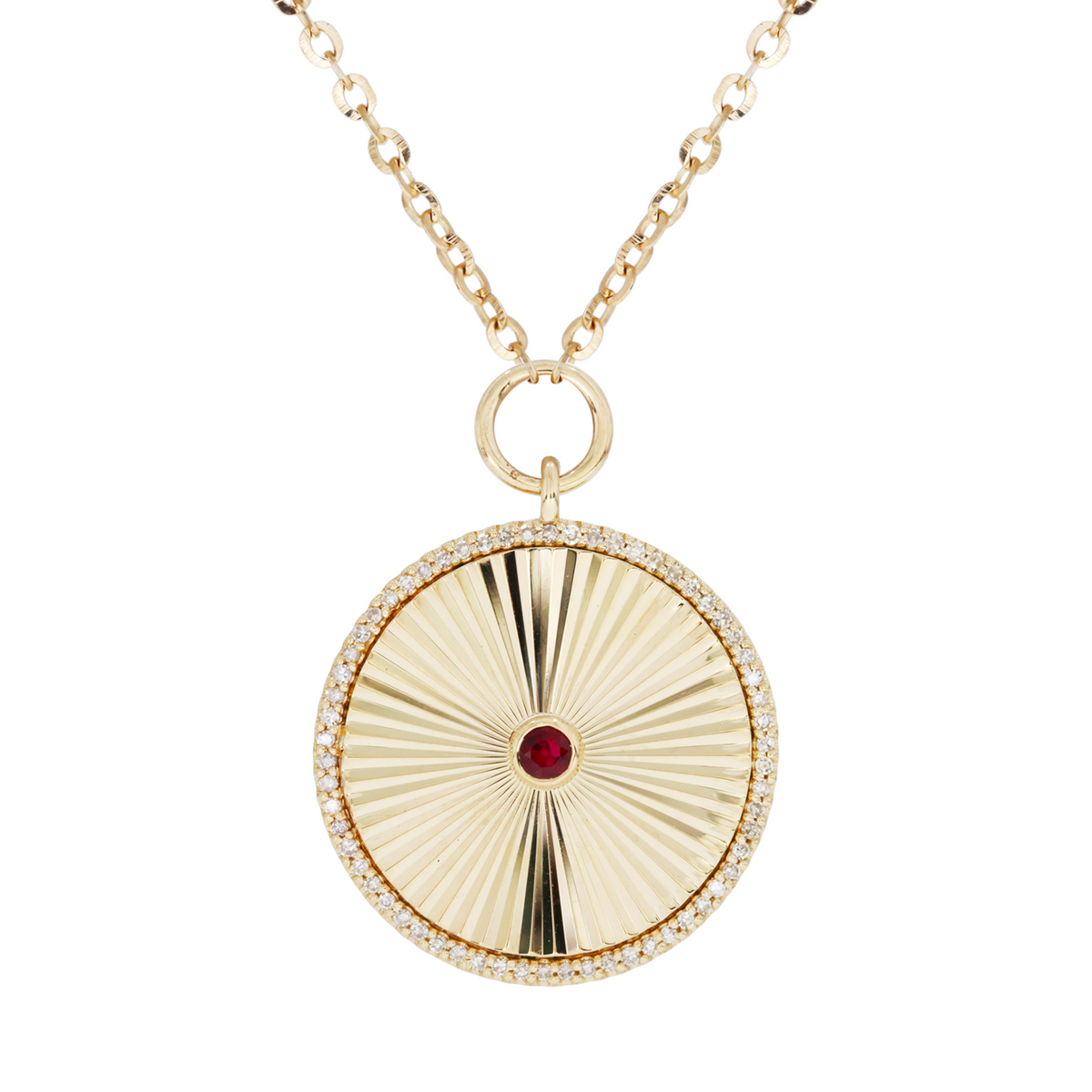 NFD71077WS. 14K Solid Gold Diamond and Ruby Circle Charm