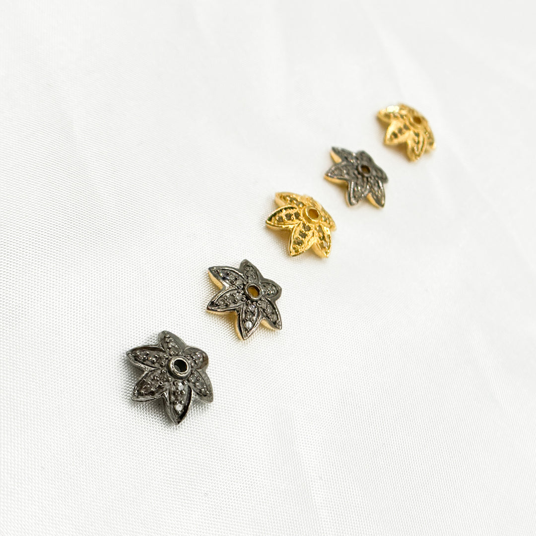 Pave Diamond & 925 Sterling Silver Black Rhodium, Two Tone, Gold Plated and Rose Gold Flower Bead Cap. DC758