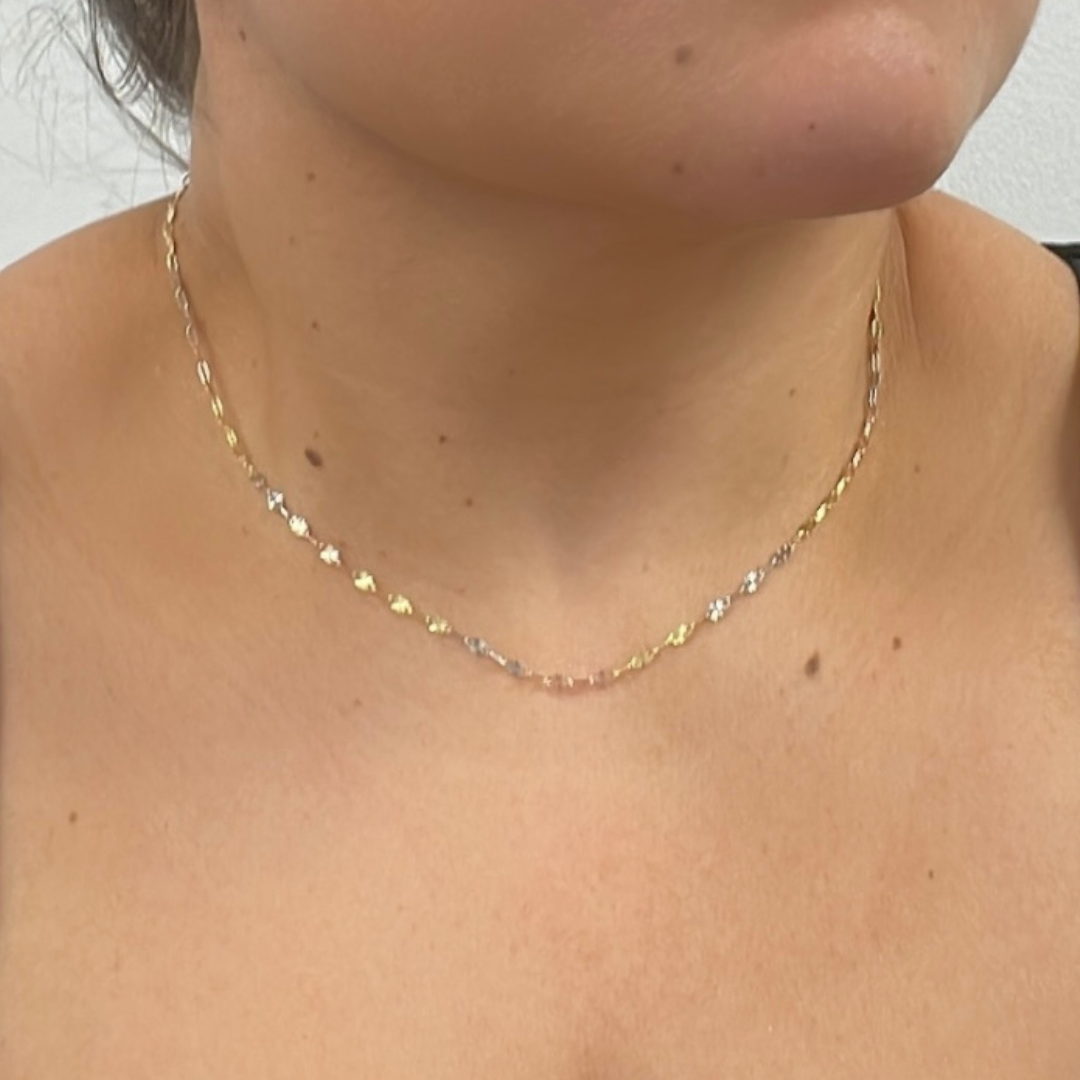 14K Solid Tri-Color Diamond Cut Marina Link and Smooth Oval Link Chain