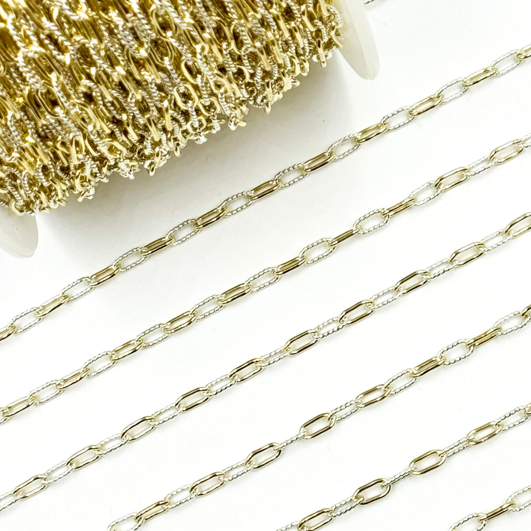 3106PZXESS+GF. 14k Gold Filled Smooth and Silver Textured Paperclip Link Chain