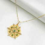 Load image into Gallery viewer, 14K Solid Gold Diamonds and Gemstones Circle Charm with Flowers between Arrows. GDP619