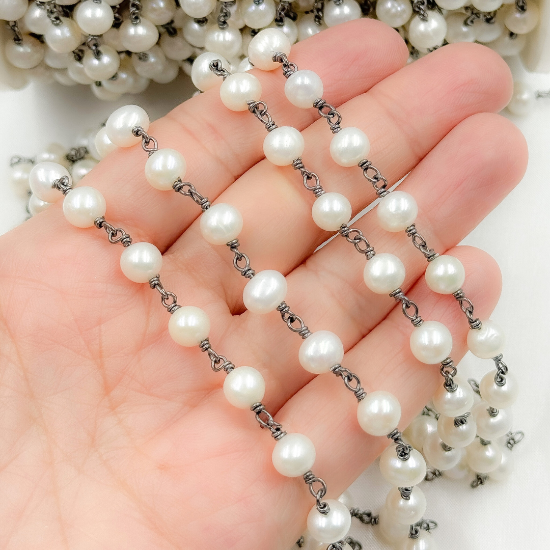 Round White Freshwater Pearl Wire Wrap Chain. PRL26