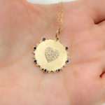 Load image into Gallery viewer, 14K Solid Gold Circle Charm with Heart in the Center in Diamond and Gemstones. GDP524