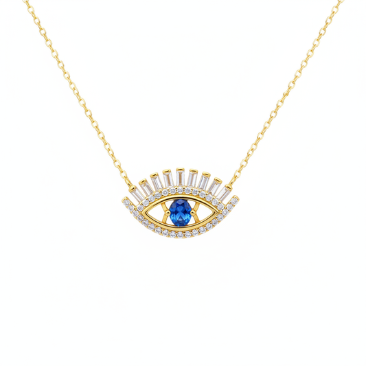 NFD70803. 14k Solid Yellow Gold, Diamonds & Precious Stones Cable Link Evil Eye Necklace