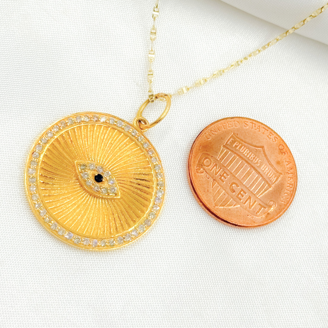 GDP307. 14K Solid Gold Circle with Evil Eye in the Center in Diamond and Gemstones