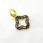 Load image into Gallery viewer, diamond sterling silver flower charms, one with black rhodium plating, one gold plated, and one rose gold plated, displayed against a white background.