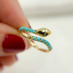 Load image into Gallery viewer, 14K Solid Yellow Gold Diamond and Turquoise Open Snake Ring