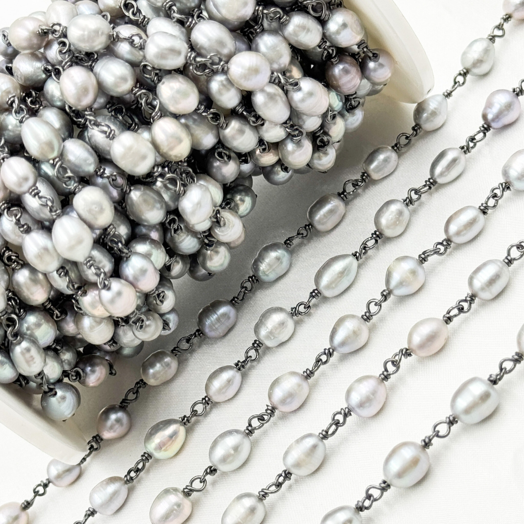 Grey Freshwater Pearl Organic Shape Wire Wrap Chain. PRL16